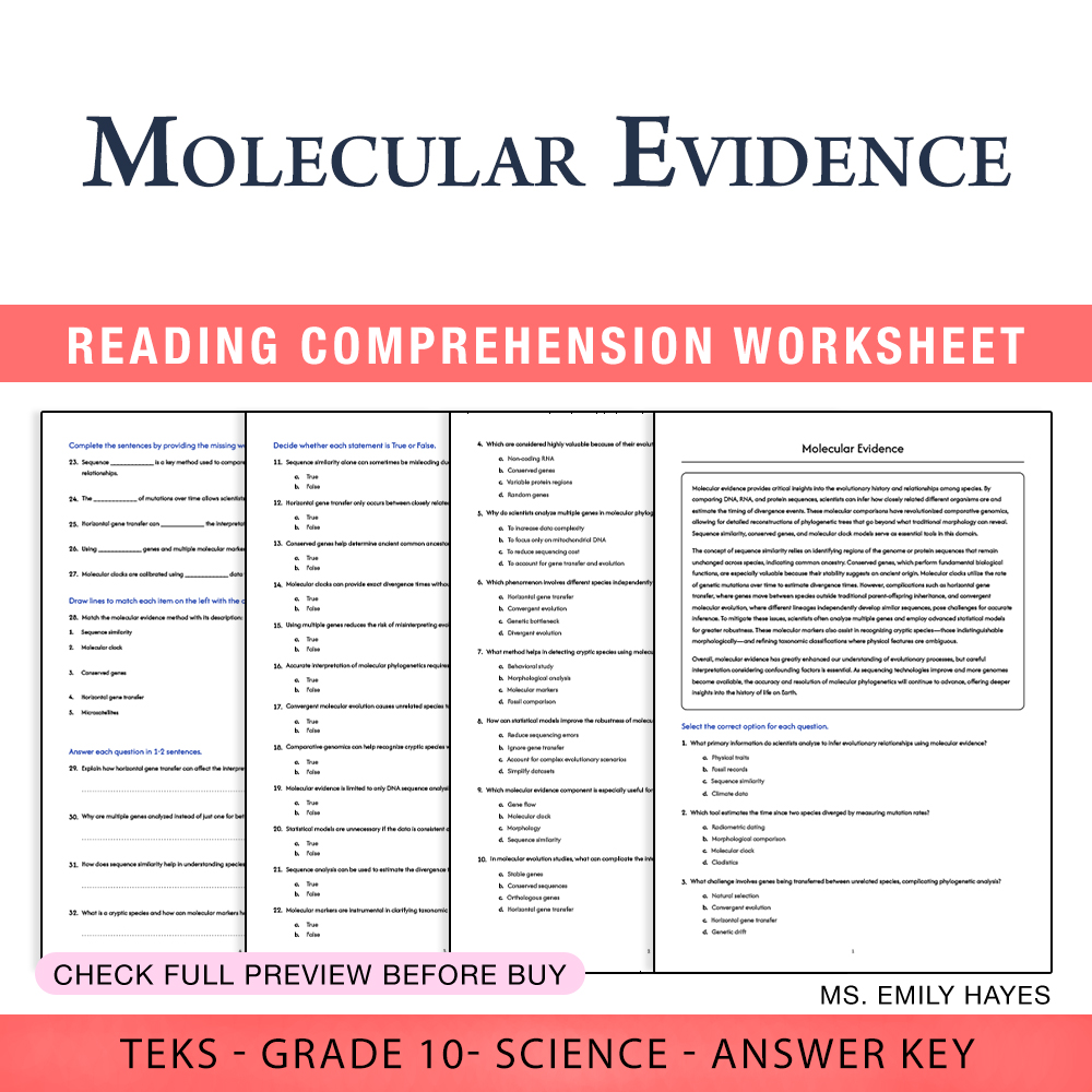 Grade 10 Science worksheet worksheet — 10th Grade Science | Molecular Evidence Worksheet (PDF+ Answer Key) — page 1
