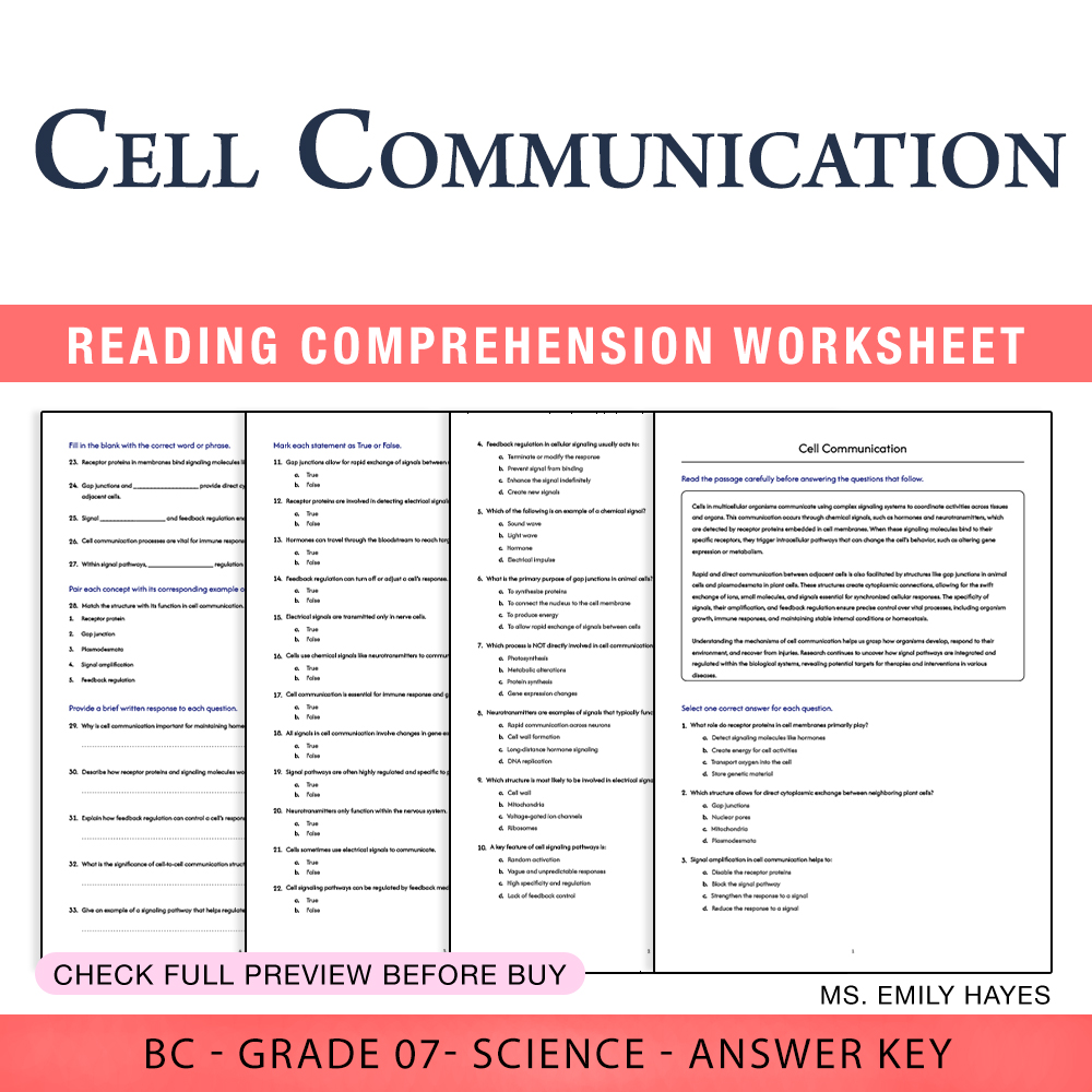 Grade 7 Science worksheet worksheet — 7th Grade Science | Cell Communication Worksheet (PDF+ Answer Key) — page 1
