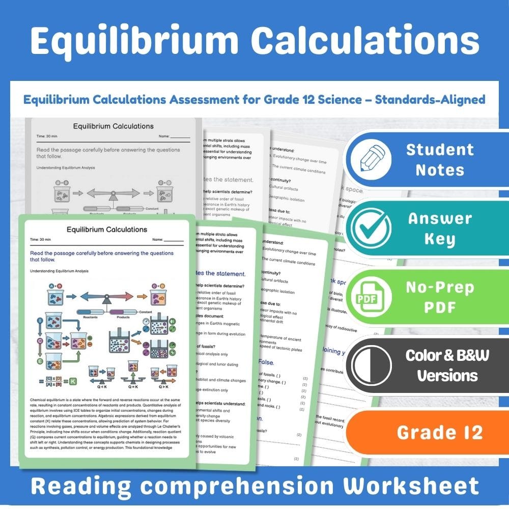 Grade 12 Science assessment worksheet — Equilibrium Calculations Assessment for Grade 12 Science – Standards-Aligned — page 1