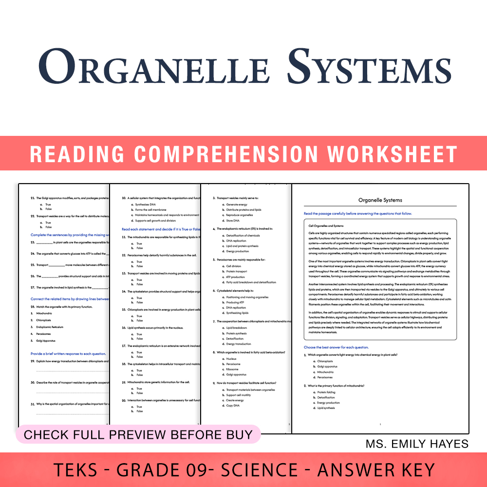 Grade 9 Science worksheet worksheet — Grade 9 Science | Organelle Systems Worksheet (PDF+ Answer Key) — page 1