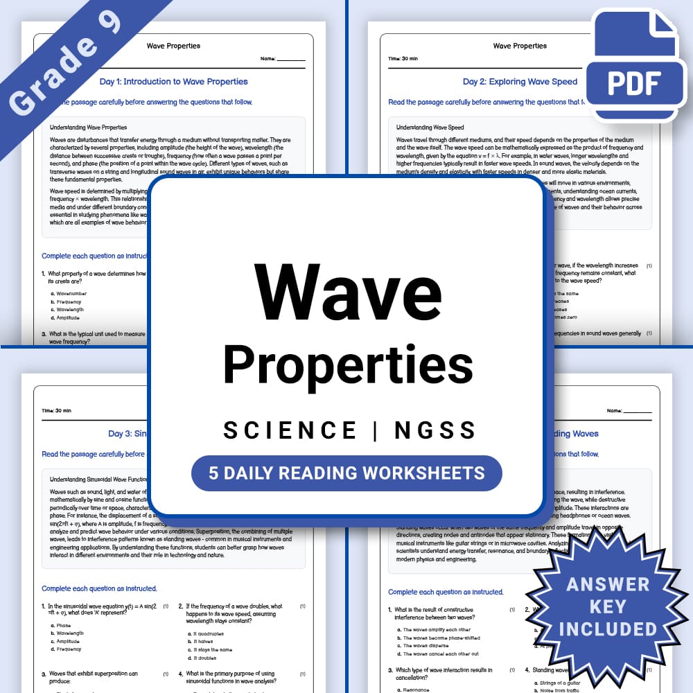 Grade 9 Science daily reading worksheet worksheet — Grade 9 Science – Wave Properties Daily Reading Worksheet(PDF + Answer…