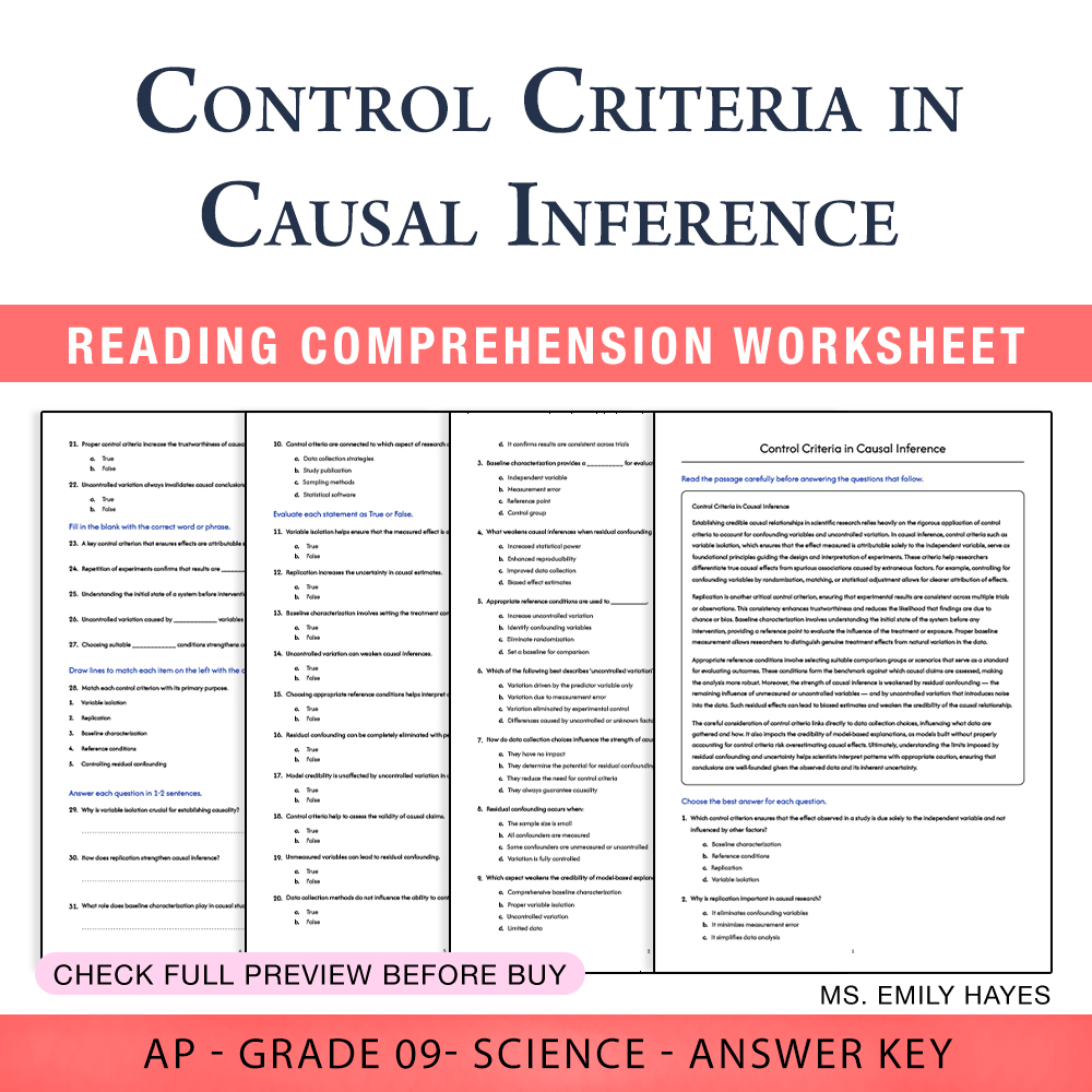 Grade 9 Science worksheet worksheet — 9th Grade Science | Control Criteria in Causal Inference (PDF+ Answer Key) — page 1