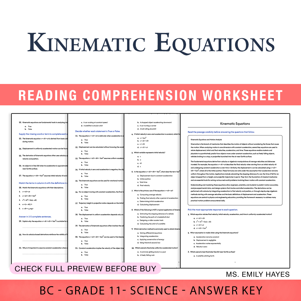 Grade 11 Science worksheet worksheet — 11th Grade Science | Kinematic Equations Worksheet (PDF + Answer Key) — page 1