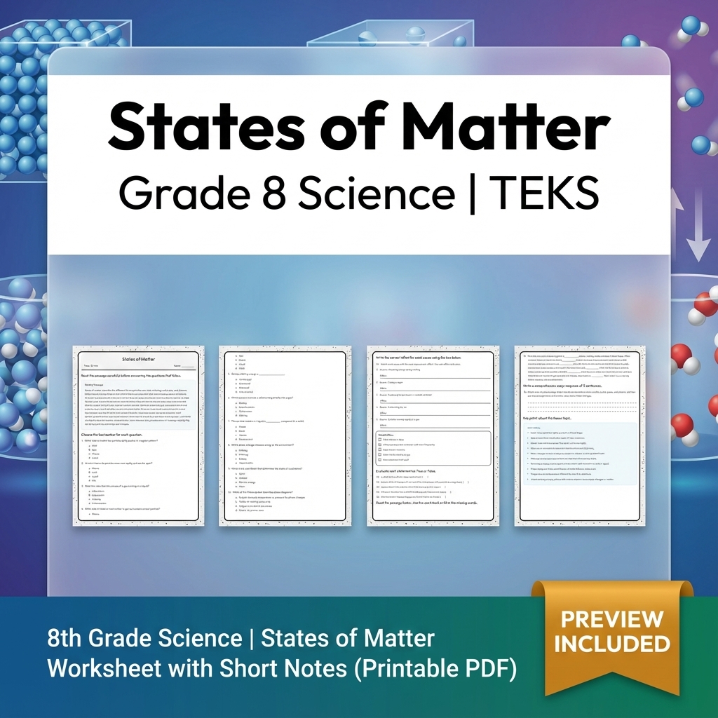 8th Grade Science | States of Matter Worksheet with Short Notes (Printable PDF)