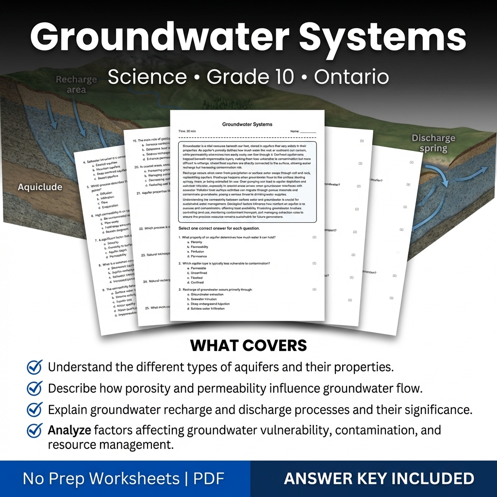 Groundwater Systems Worksheet for Grade 10 Science | Ontario Standards