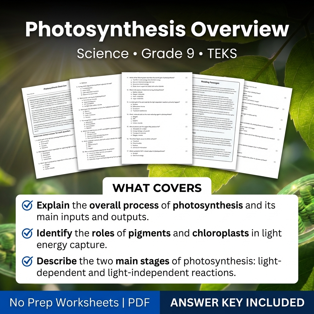 Photosynthesis Overview Grade 9 Science Worksheet | TEKS Practice