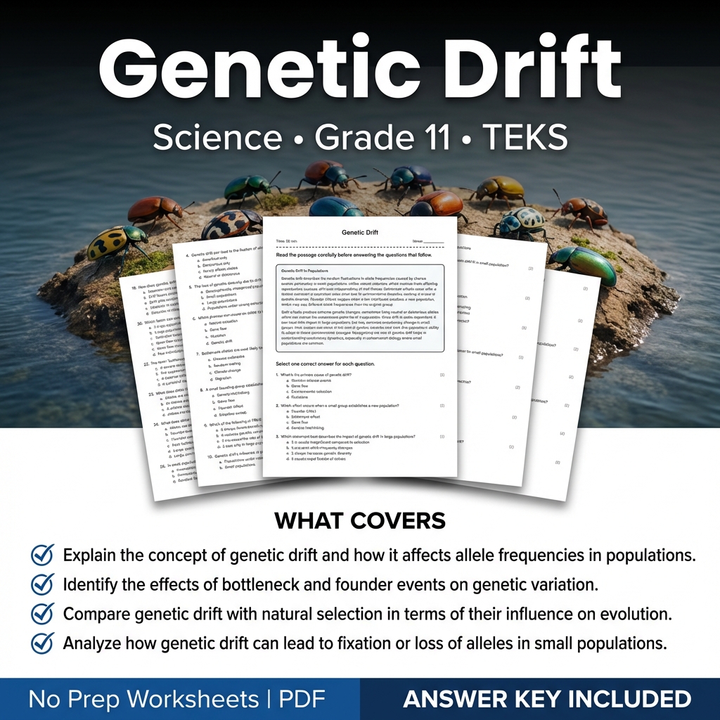 Grade 11 Science worksheet — Genetic Drift Worksheet for Grade 11 Science | TEKS Aligned