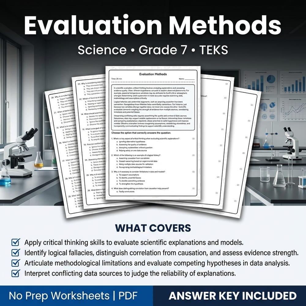 Grade 7 Science worksheet worksheet — Grade 7 Science Worksheet on Evaluation Methods with Answer Key | TEKS Aligned — page 1
