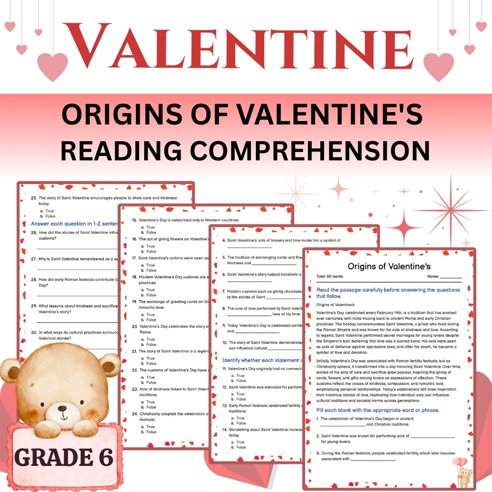 Grade 6 Seasonal Holidays | Origins of Valentine's Worksheet (Worksheet + Answer Key)
