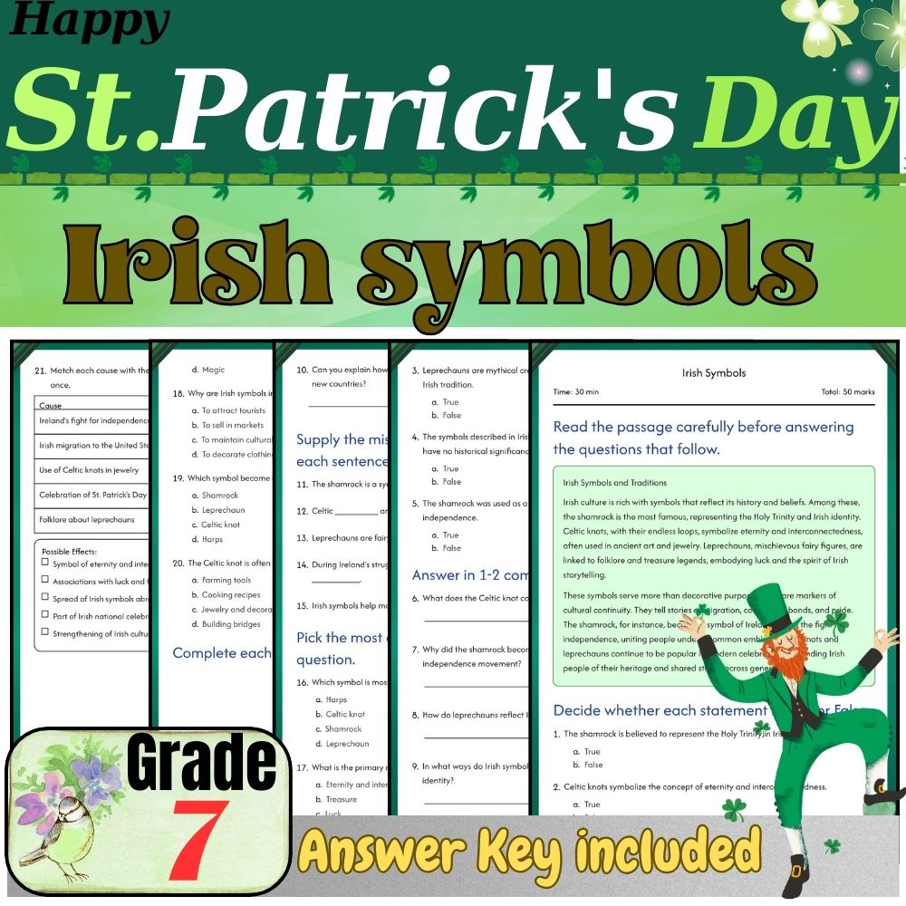 Grade 7Seasonal Unit|St. Patrick's Day Worksheets for Irish Symbols & Traditions — included worksheet 5