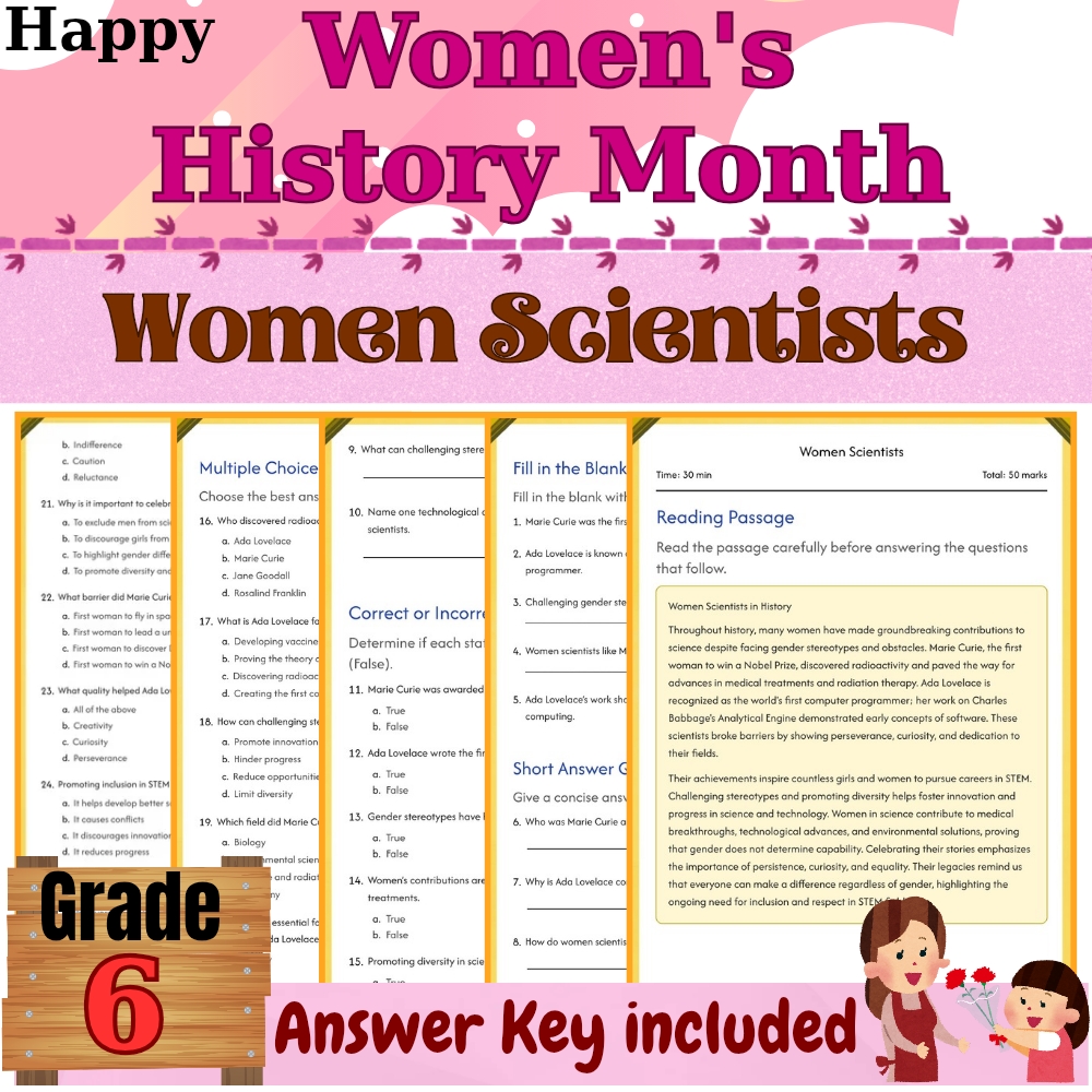 Grade 6Women Scientists Worksheet for Mastering Women in Science| PDF+Answer Key