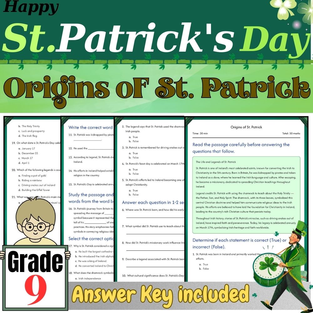 Grade 9 Seasonal Unit|St. Patrick's Day Historical Worksheets (PDF + Answer Key) — included worksheet 2