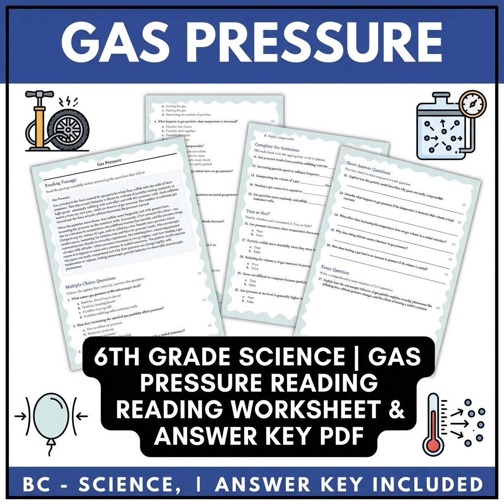 6th Grade Science | Gas Pressure Reading Worksheet & Answer Key PDF