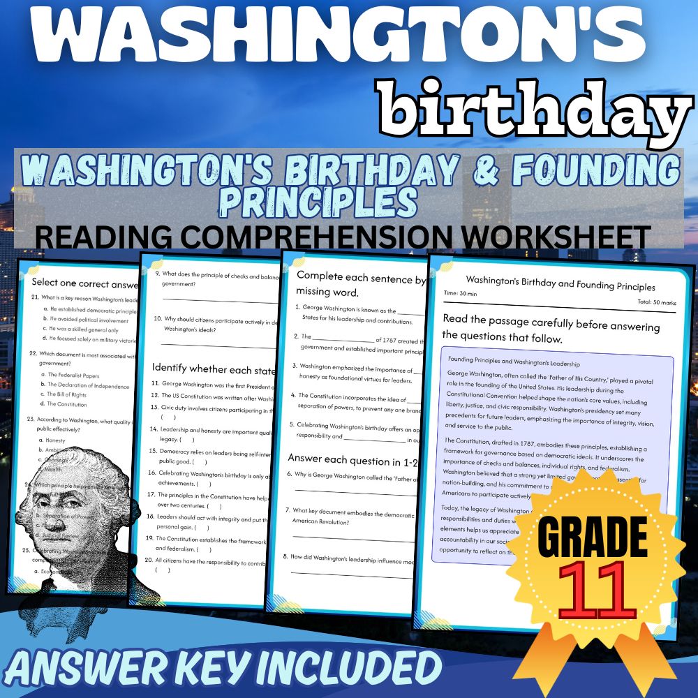 Grade 11| Washington's Birthday & Founding Principles Worksheet|PDF+Answer Key