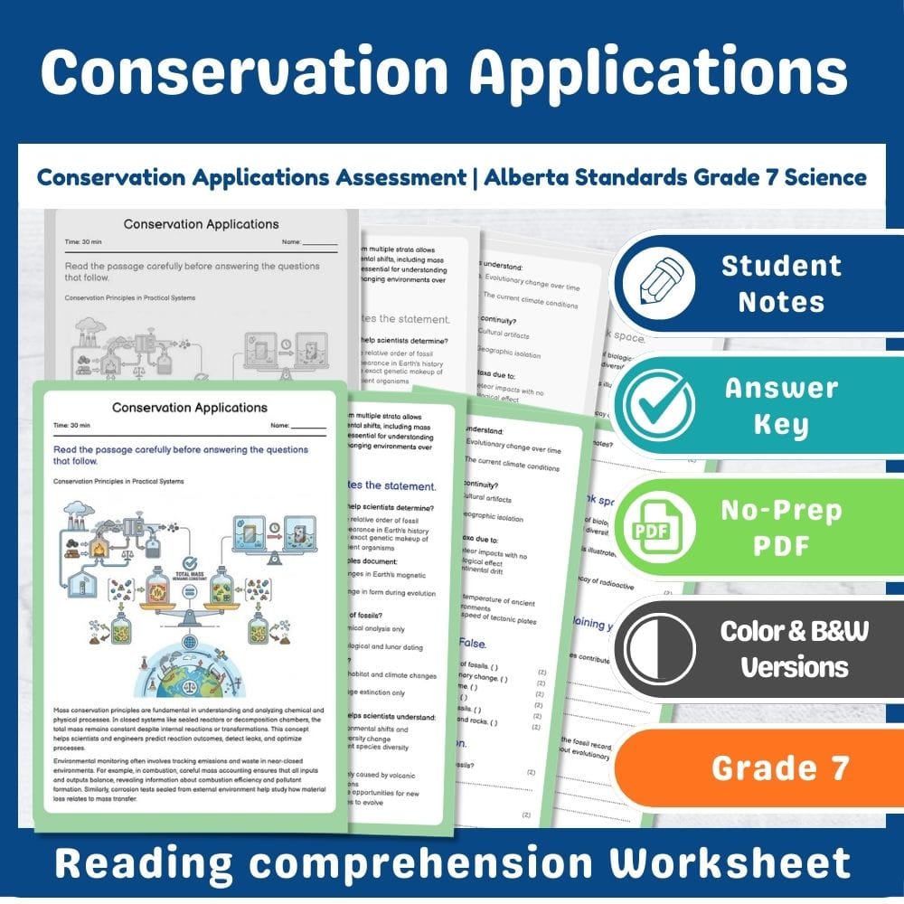 Grade 7 Science assessment worksheet — Conservation Applications Assessment | Alberta Standards Grade 7 Science — page 1