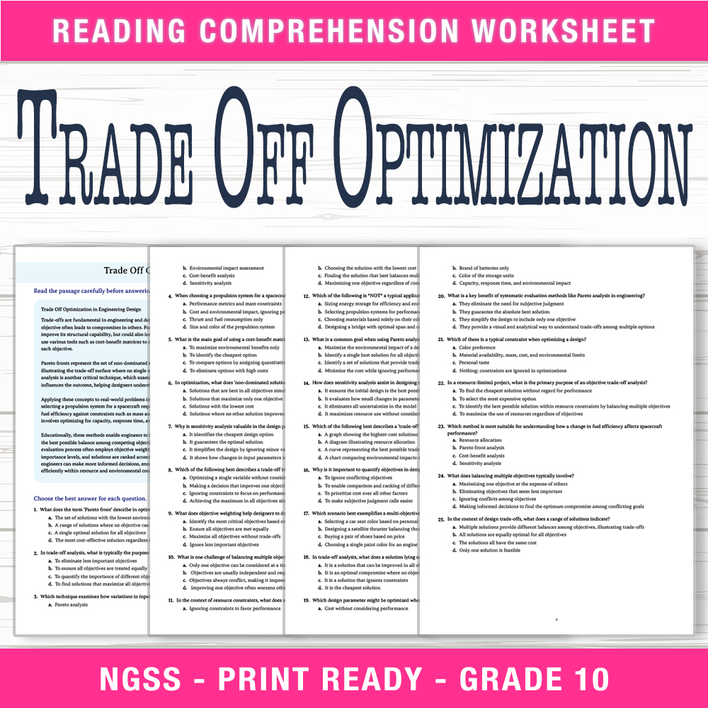 Grade 10 Science worksheet worksheet — Grade 10 Science | Trade Off Optimization Worksheet (PDF + Answer Key) — page 1