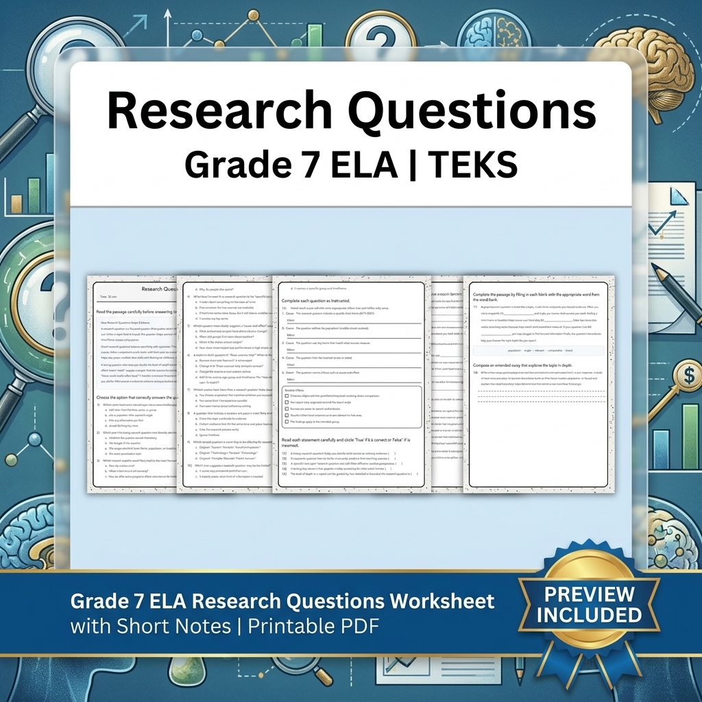 Grade 7 Evidence-Based Research Writing ELA full-year bundle TEKS — included worksheet 17