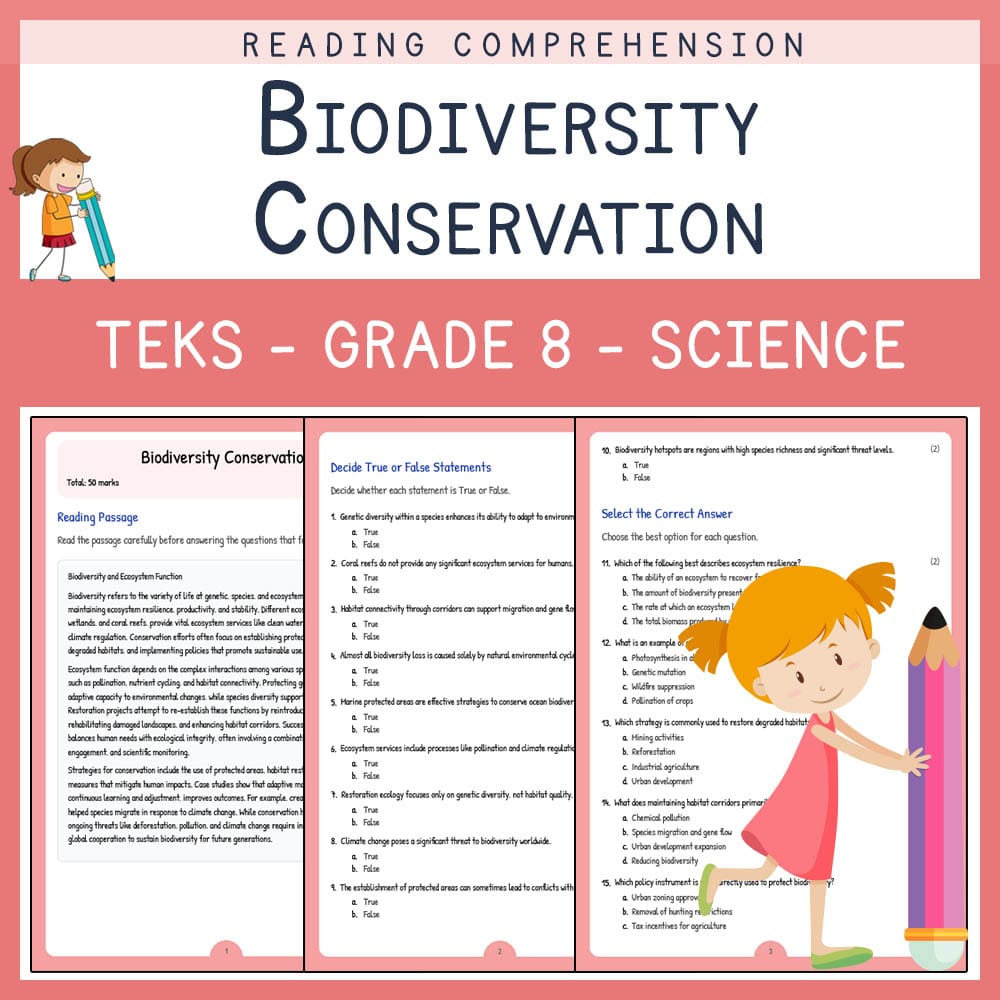 Grade 8 Science worksheet elena worksheet — Grade 8 Science | Biodiversity Conservation Worksheet | TEKS Aligned — page 1