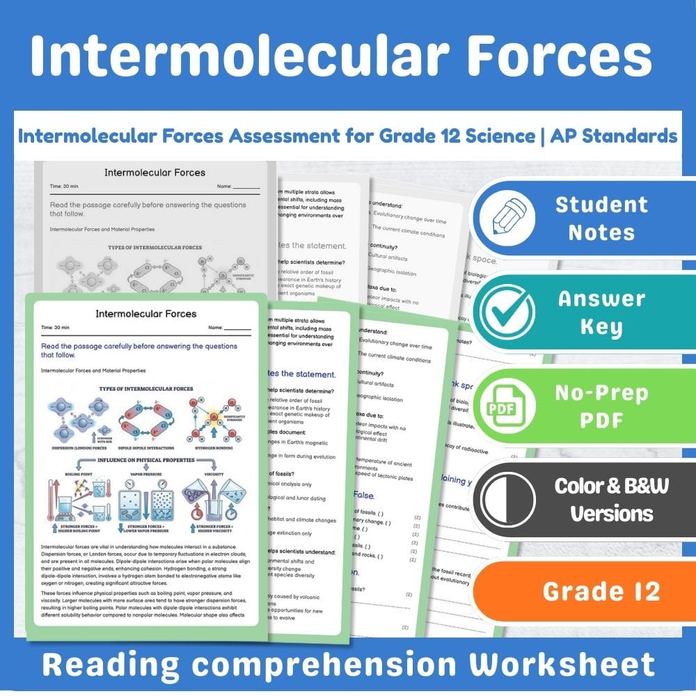 Grade 12 Science assessment worksheet — Intermolecular Forces Assessment for Grade 12 Science | AP Standards — page 1