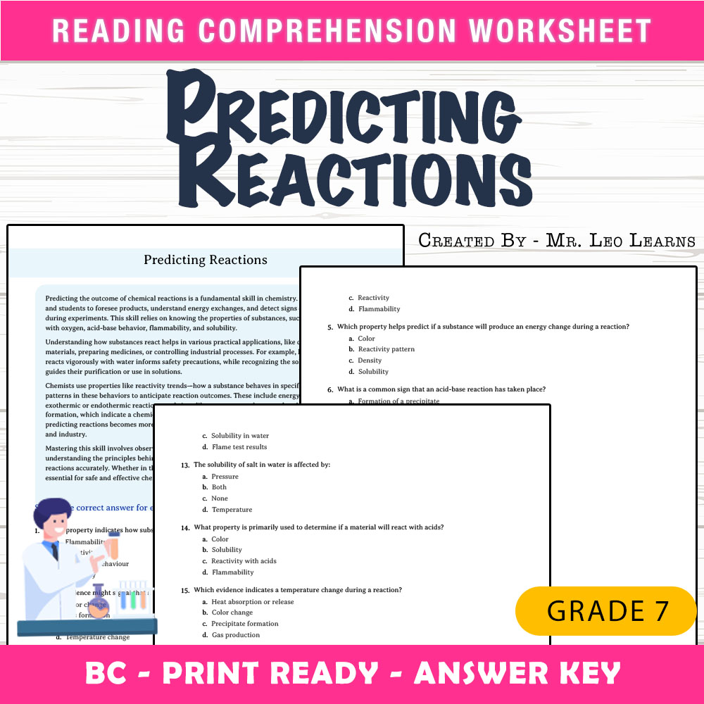 Grade 7 Science worksheet mcq paper worksheet — Grade 7 Science — Predicting Reactions Worksheet for Mastery — page 1