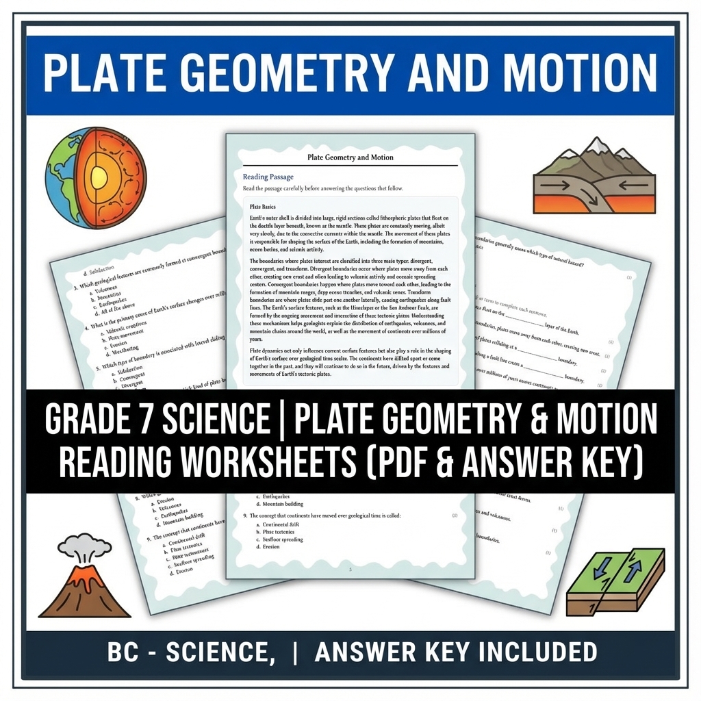 Grade 7 Science | Plate Geometry & Motion Reading Worksheets (PDF & Answer Key)