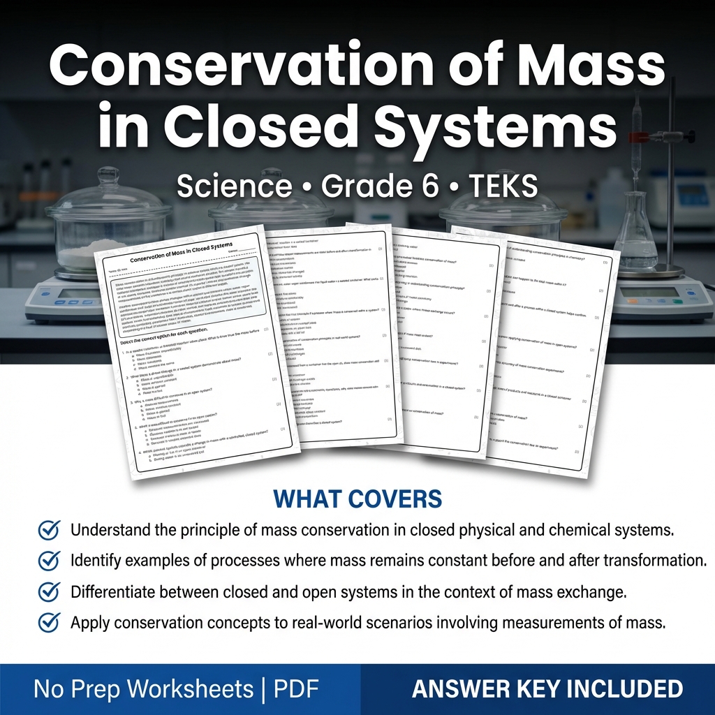 Grade 6 Science Worksheet on Conservation of Mass in Closed Systems | TEKS