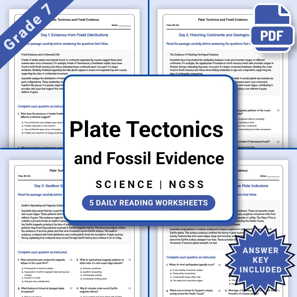 Grade 7 Science daily reading worksheet worksheet — Grade 7 Science –Plate Tectonics and Fossil Evidence Worksheet(PDF + A…