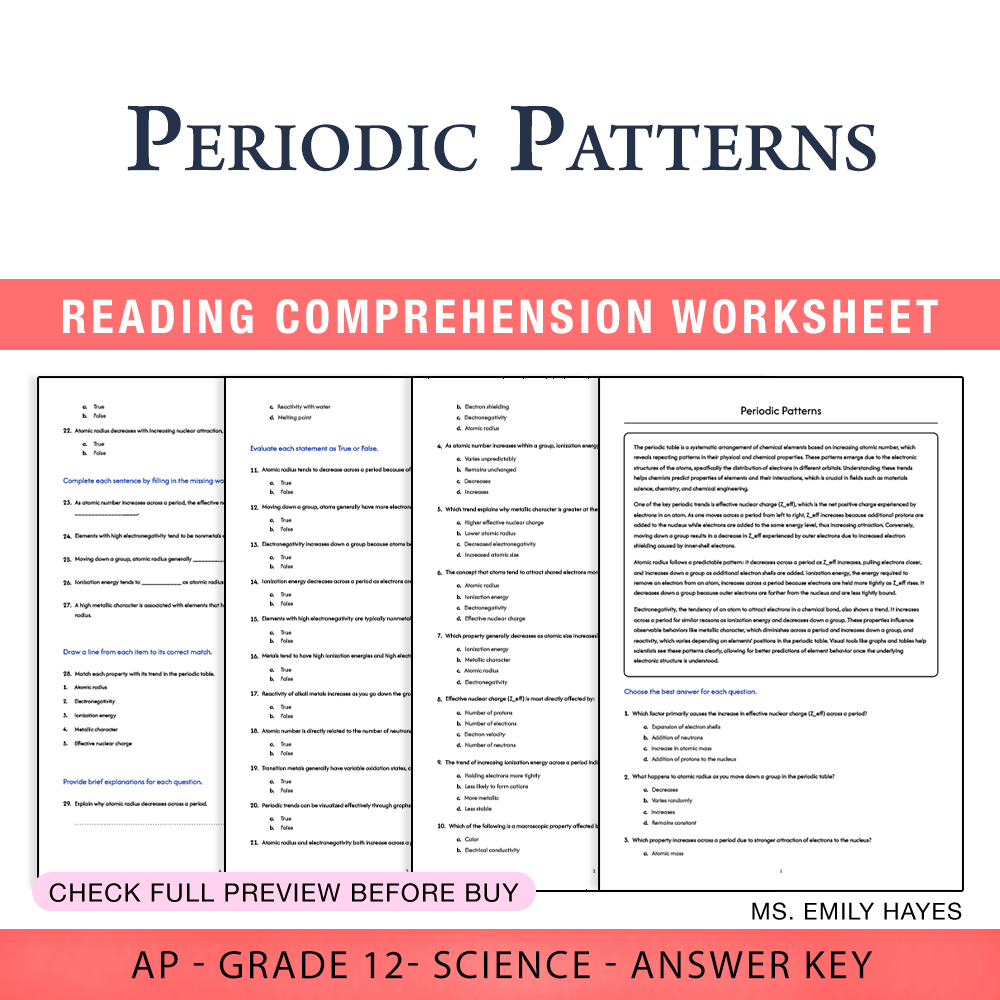 Grade 12 Science worksheet assessment worksheet — 12th Grade Science | Periodic Patterns Worksheet (PDF+ Answer Key) — page 1