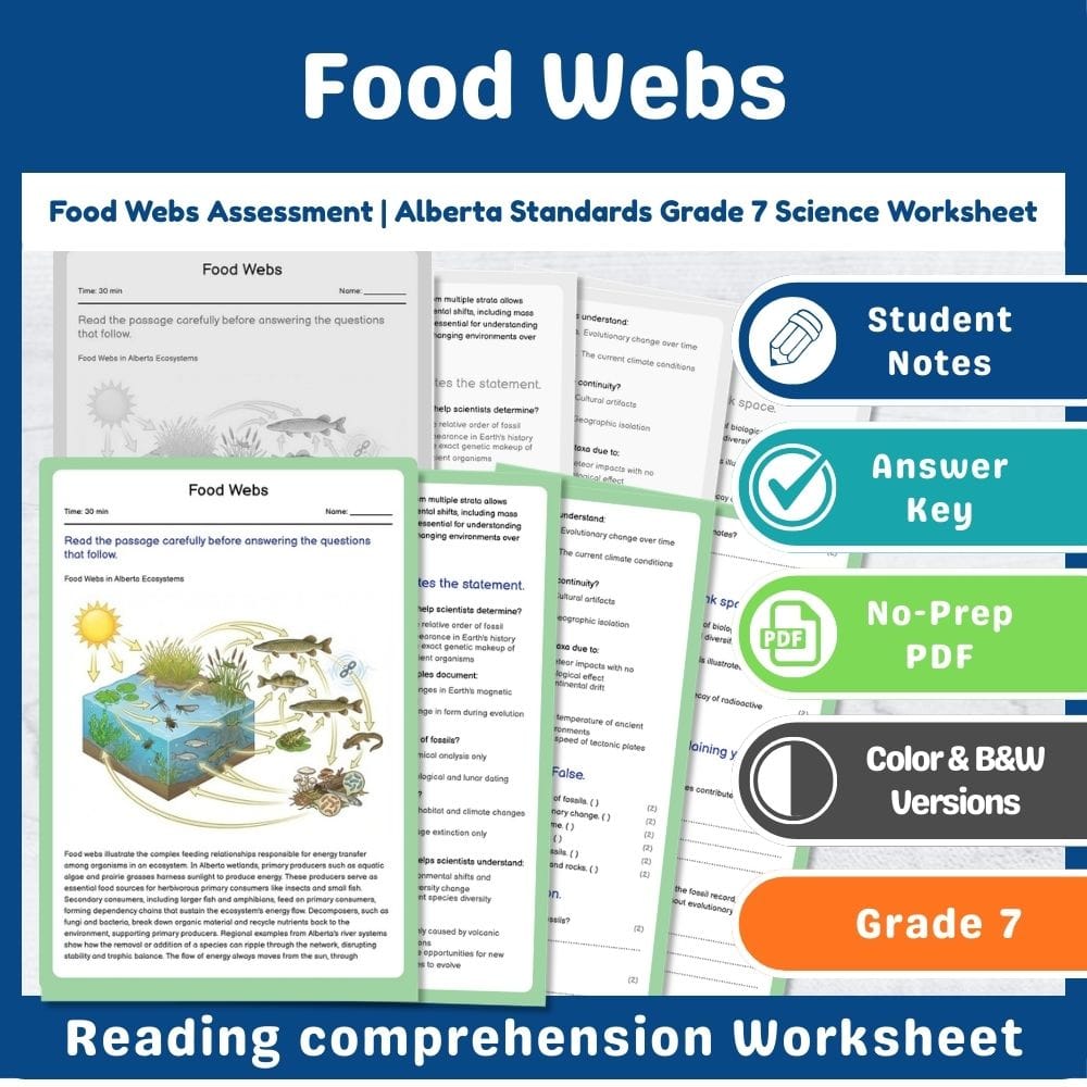 Grade 7 Science assessment worksheet — Food Webs Assessment | Alberta Standards Grade 7 Science Worksheet — page 1