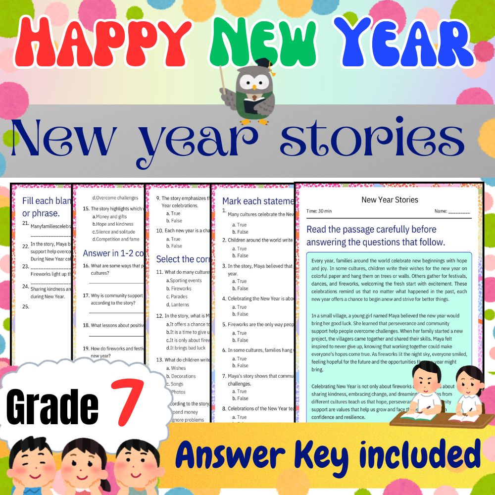 Grade 7 Seasonal  Worksheet for Mastering New Year Stories | PDF + Answer Key