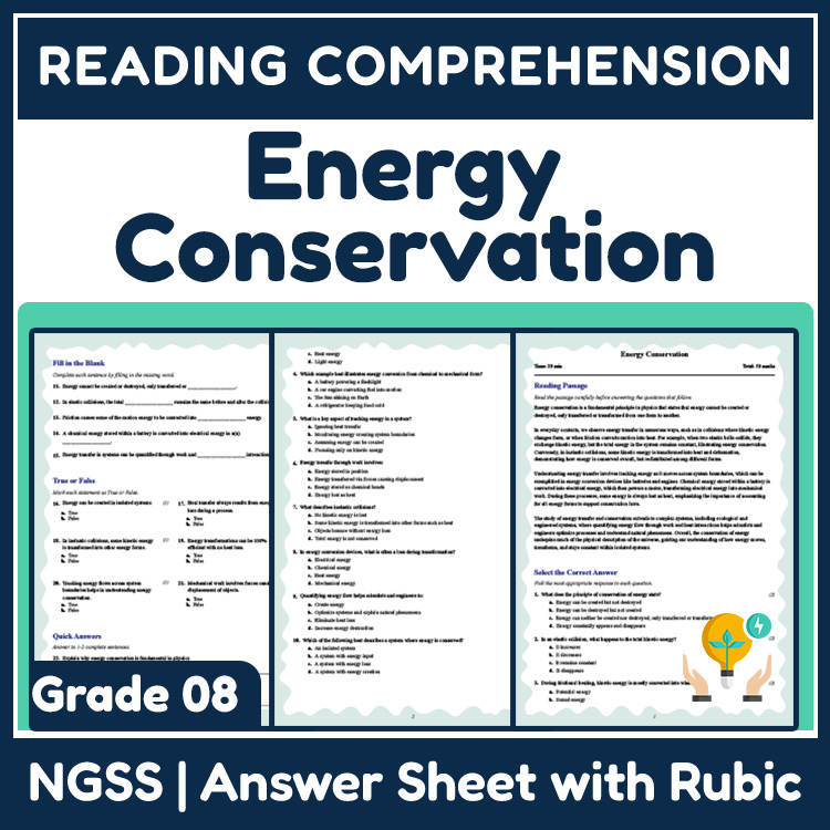 Grade 8 Science reading worksheets worksheet — Grade 8 Science | Energy Conservation Reading Worksheets (NGSS-Aligned) — p…