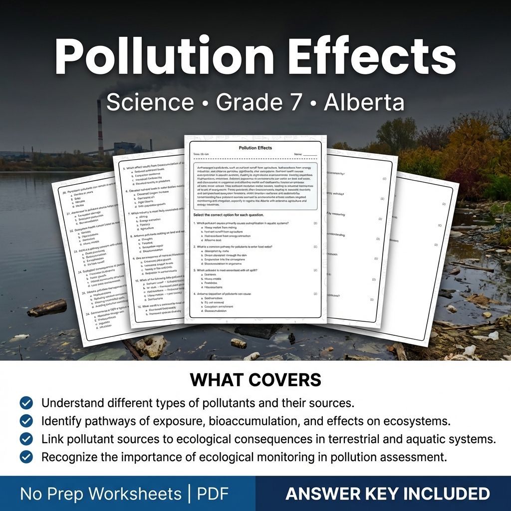 Pollution Effects Grade 7 Science Worksheet | Alberta Standards - Printable PDF