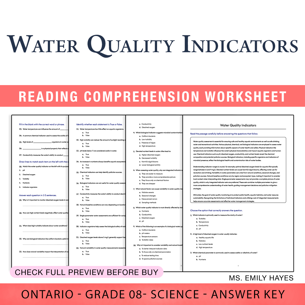 Grade 8 Science worksheet worksheet — 8th Grade Science | Water Quality Indicators Worksheet (PDF+ Answer Key) — page 1