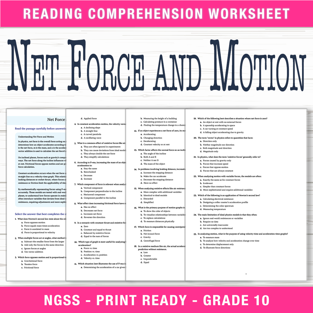 Grade 10 Science worksheet worksheet — Grade 10 Science | Net Force and Motion Worksheet (PDF + Answer Key) — page 1