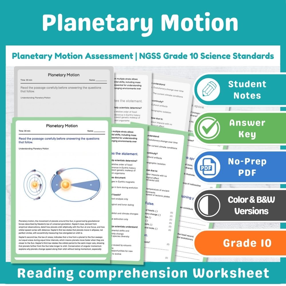 Grade 10 Science assessment worksheet — Planetary Motion Assessment | NGSS Grade 10 Science Standards