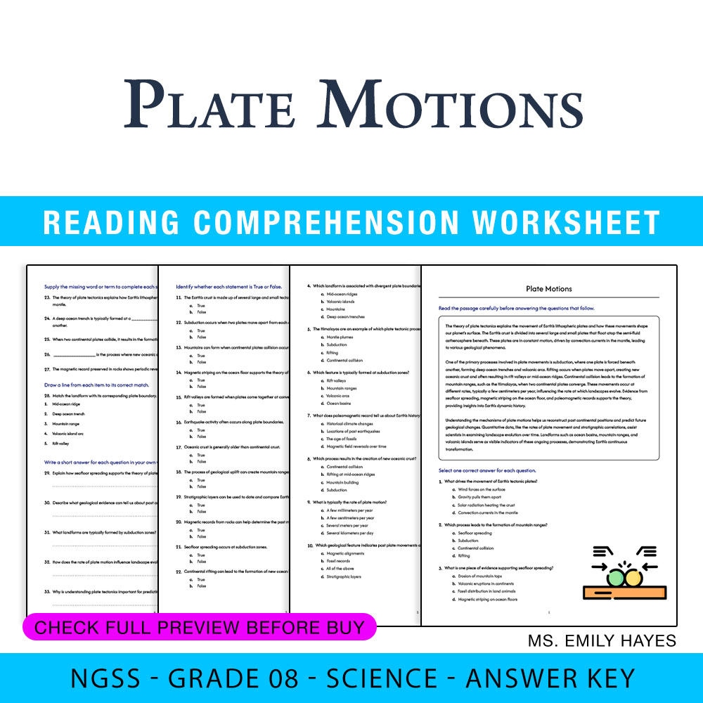 Grade 8 Science worksheet worksheet — 8th Grade Science | Plate Motions Worksheet (PDF + Answer Key) — page 1