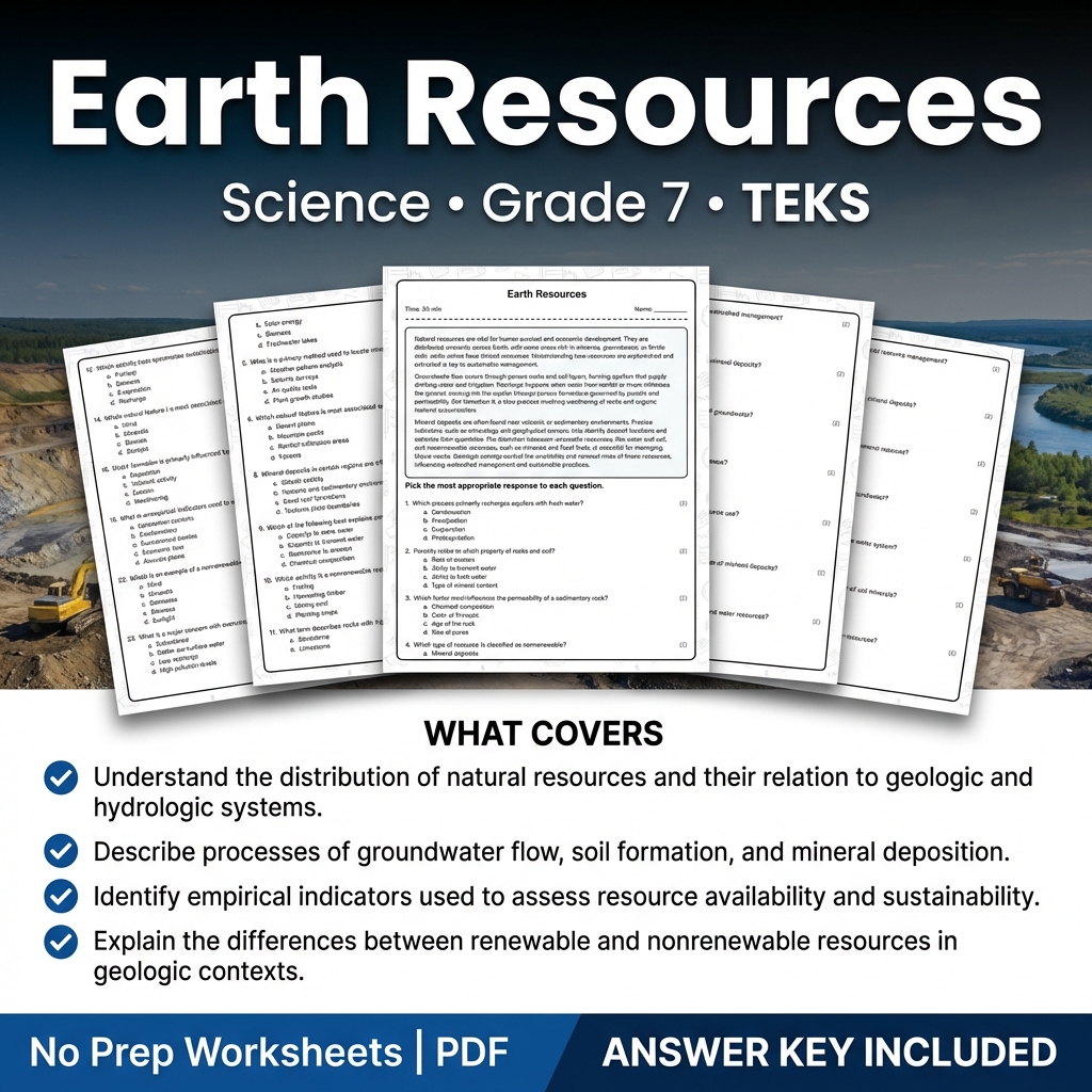 Grade 7 Science worksheet — Earth Resources Worksheet for Grade 7 Science | TEKS Aligned Practice