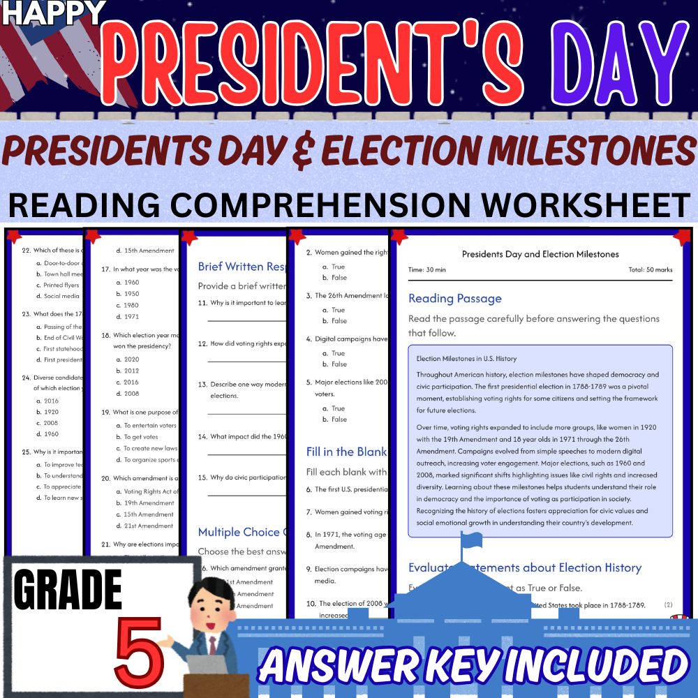 Grade 5 Social Studies |Presidents Day & Election Milestones Unit Worksheet Pack — included worksheet 4