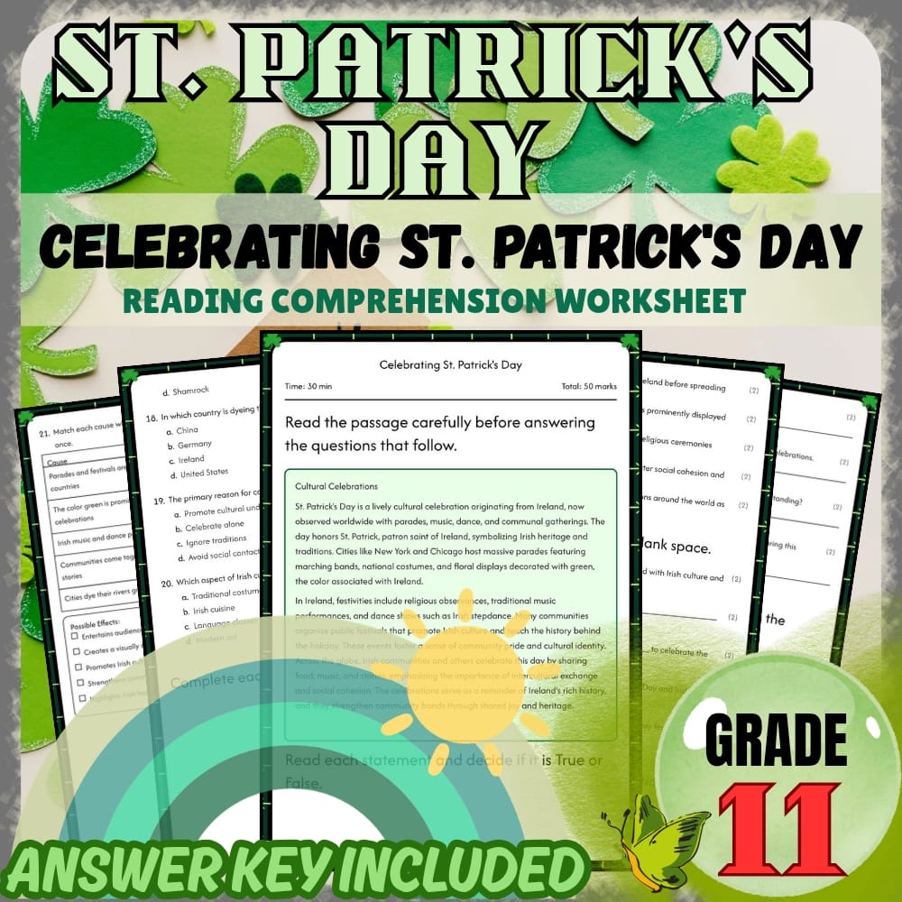 Grade 11 Holiday Activities Bundle | St. Patrick's Day Irish Heritage & Culture — included worksheet 3