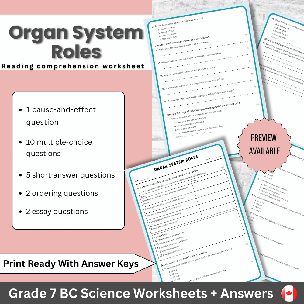 Grade 7 Science | Organ System Roles Worksheet (PDF) – BC Standard/Framework