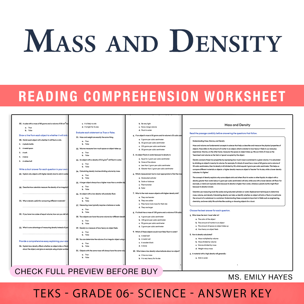 Grade 6 Science worksheet worksheet — 6th Grade Science | Mass and Density Worksheet (PDF+ Answer Key) — page 1