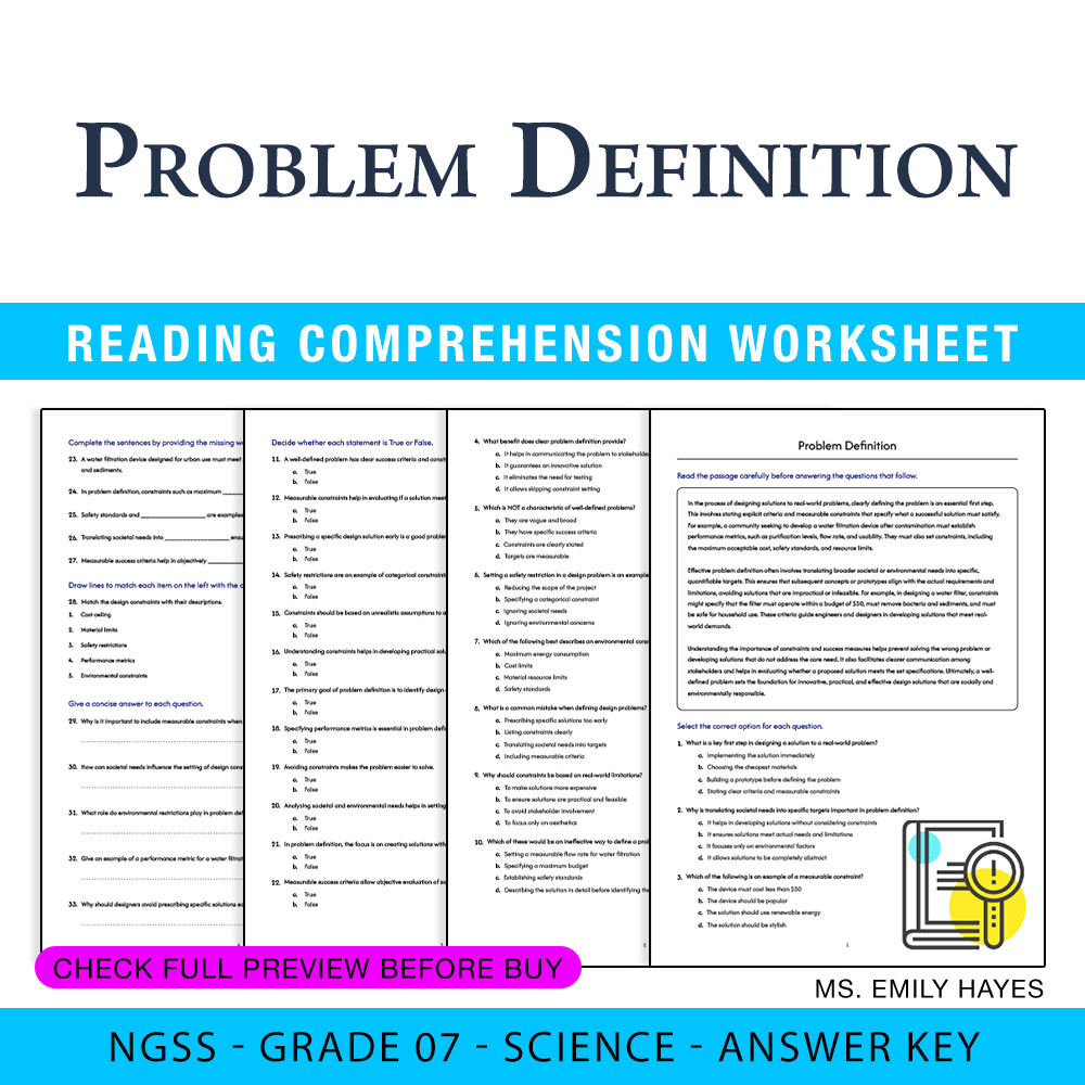 Grade 7 Science worksheet worksheet — 7th Grade Science | Problem Definition Worksheet (PDF+ Answer Key) — page 1