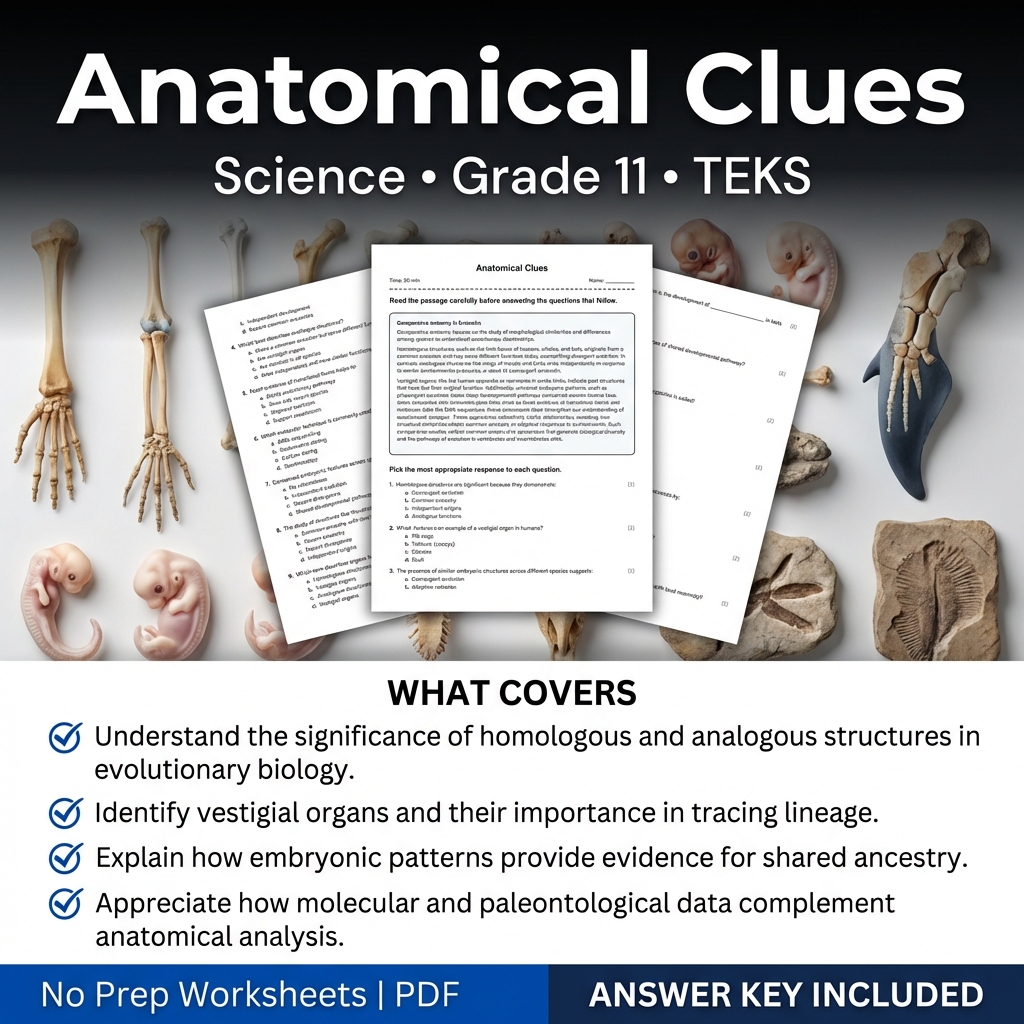 Anatomical Clues Worksheet for Grade 11 Science | TEKS Aligned