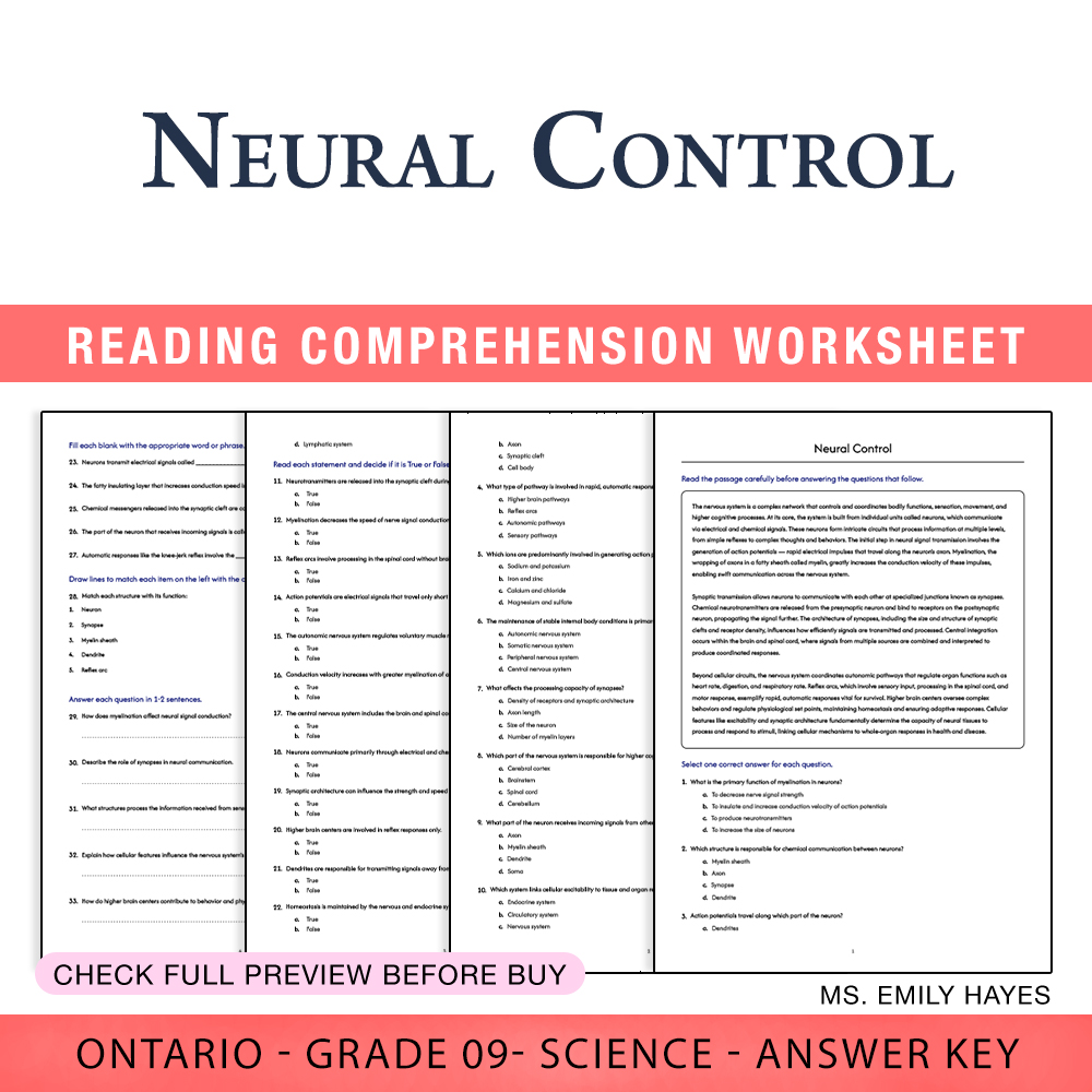 Grade 9 Science worksheet worksheet — Grade 9 Science | Neural Control Worksheet (PDF + Answer Key) — page 1