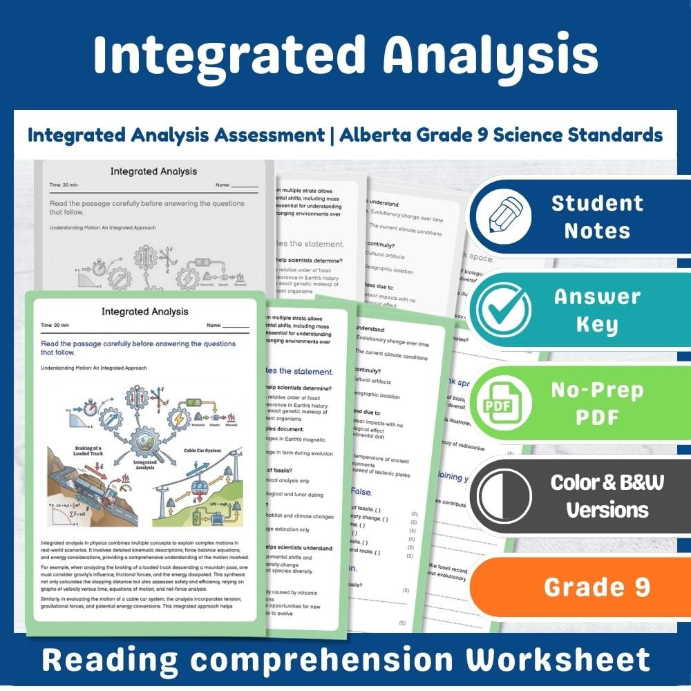 Grade 9 Science assessment worksheet — Integrated Analysis Assessment | Alberta Grade 9 Science Standards — page 1