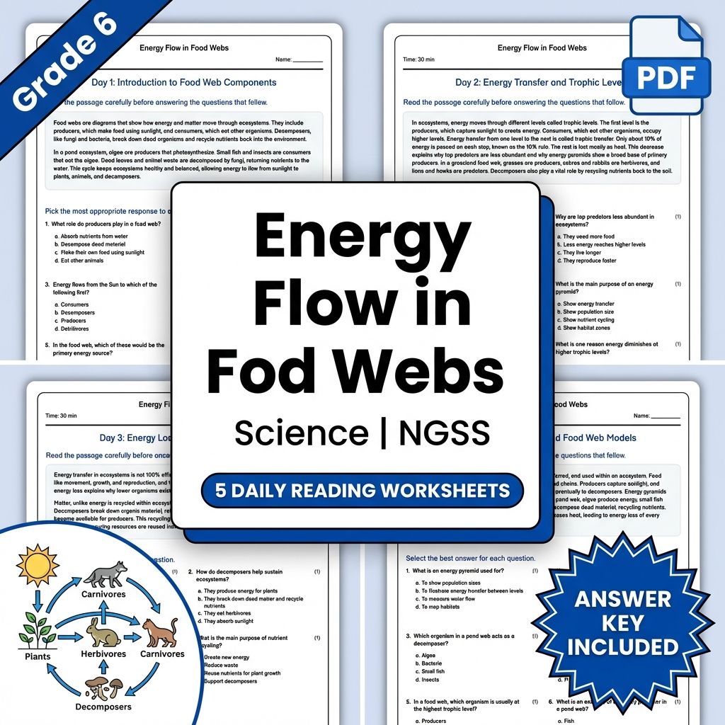 6th Grade Science | Energy Flow in Food Webs Worksheet (PDF+ Answer Key)