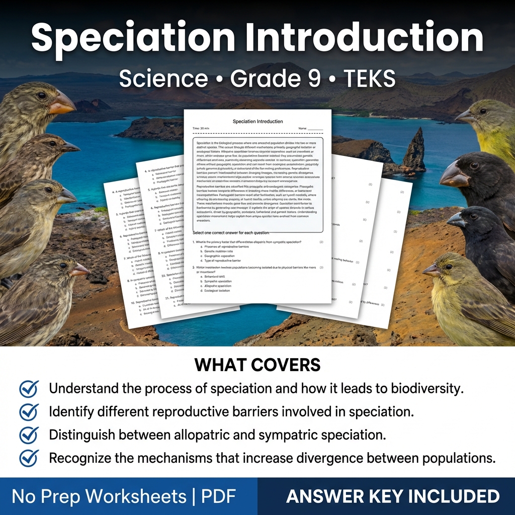 Grade 9 Science Worksheet on Speciation Introduction TEKS Aligned PDF