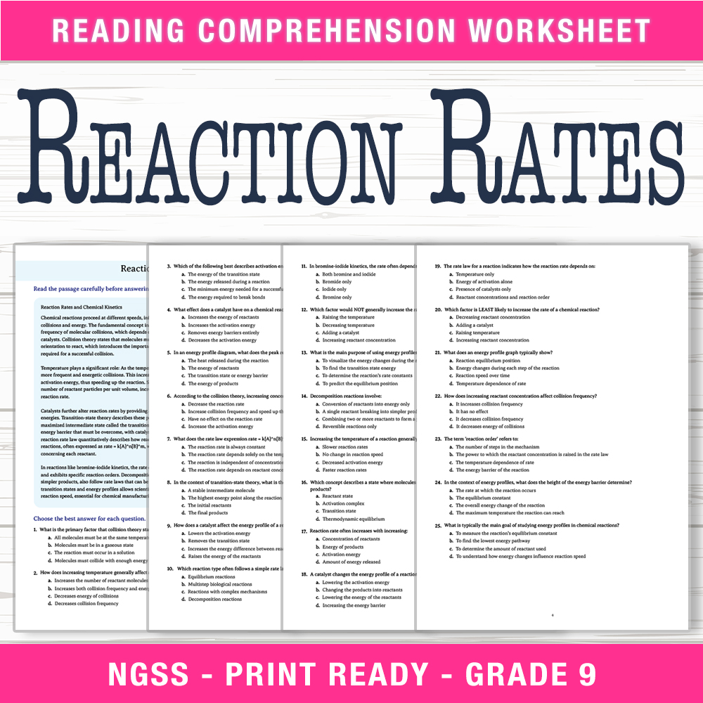 Grade 9 Science worksheet worksheet — Grade 9 Science – Reaction Rates Worksheet (PDF + Answer Key) — page 1