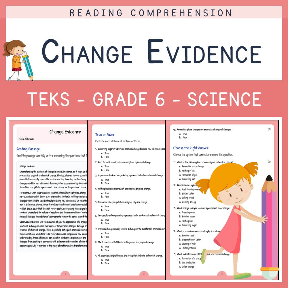 Grade 6 Science worksheet elena worksheet — Grade 6 Science | Change Evidence Worksheet | TEKS-Aligned — page 1
