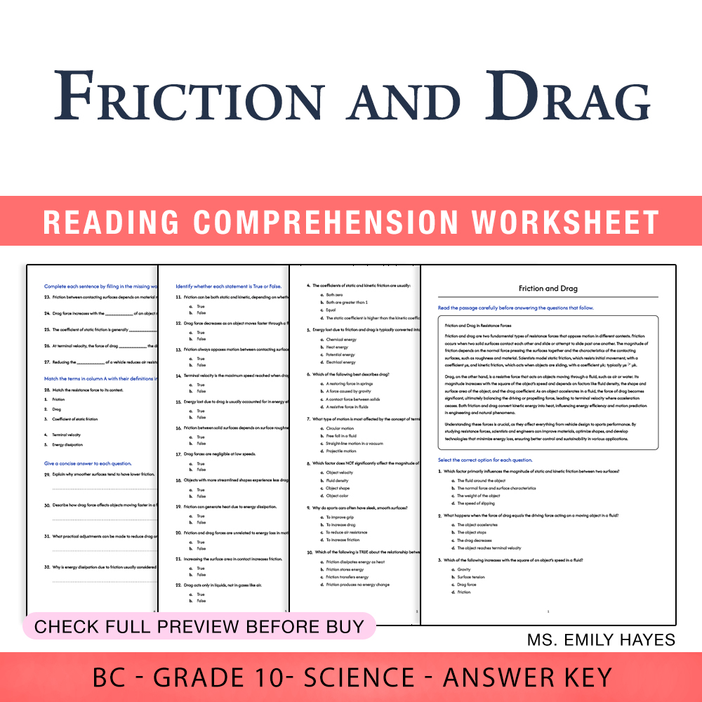 Grade 10 Science worksheet worksheet — 10th Grade Science | Friction and Drag Worksheet (PDF+ Answer Key) — page 1